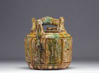 Asia - Glazed stoneware teapot with figures, 19th century.