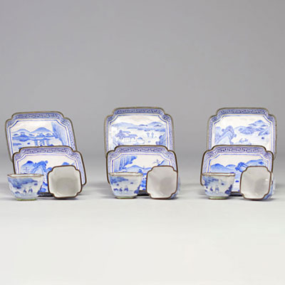 China - set of cloisonné trays and goblets with white-blue decoration of rural scenes and figures, Qing period.