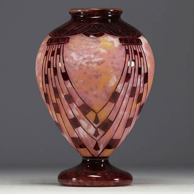 Le Verre Français - Acid-etched multi-layered glass vase, ‘Collier’ model, signed.