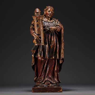 Statue de Sainte-Barbe - Sculpture en bois polychrome d'époque XVIIIe siècle.