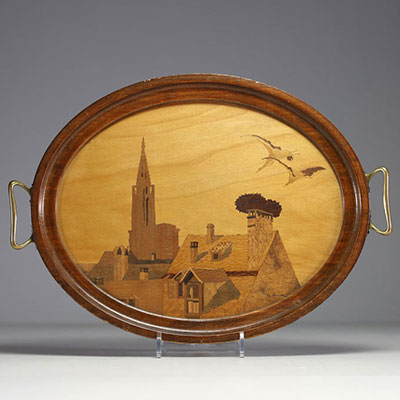 Charles SPINDLER (1865-1938) Service tray in marquetry of different types of wood, signed.