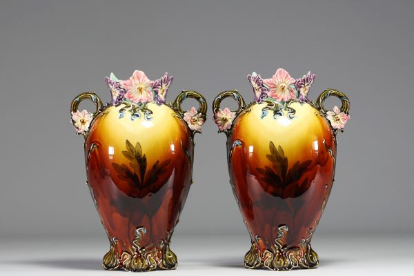 Pair of Art Nouveau majolica earthenware vases, probably from the Nimy faience factory, circa 1900.