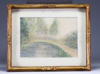 Émile CLAUS (1849-1924) ‘Paysage en bord de Lys’ Original watercolour, signed.