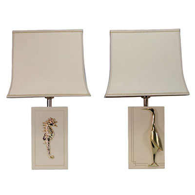 (2) Pair of lamps with lacquered feet decorated with seahorses and waders, 1970s