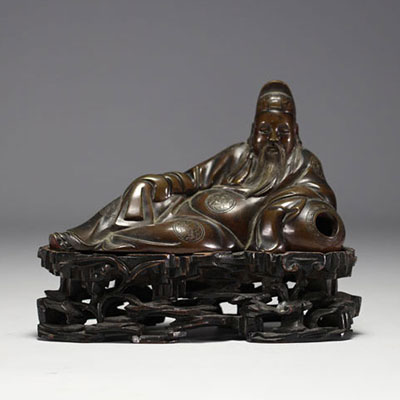 Chine - Li Bai Qing, statue en bronze sur socle en bois ajouré, époque Qing.