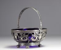 Empire style silver openwork basket, cobalt blue glass bowl, 19th century.