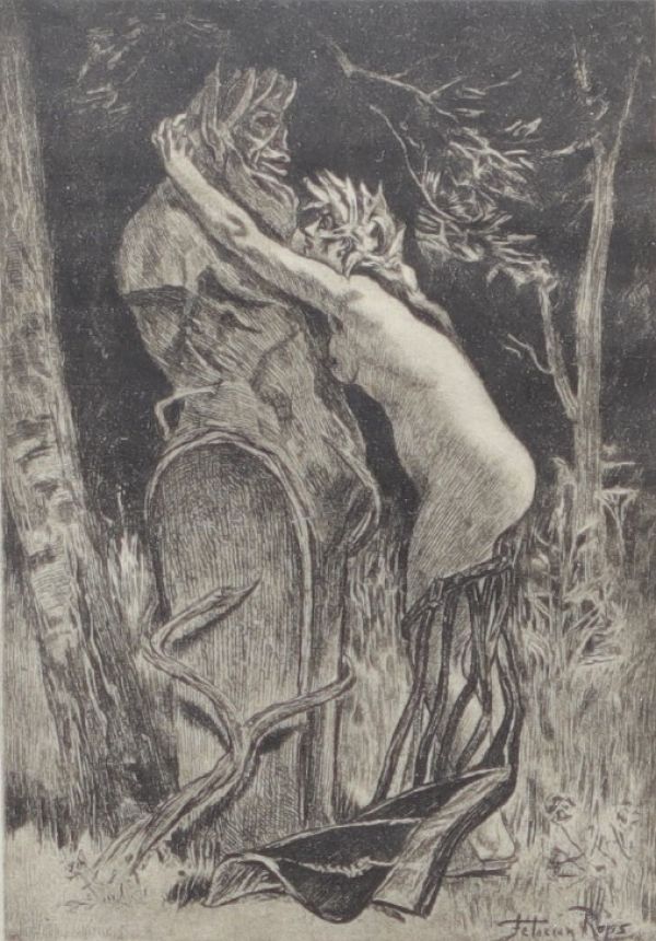 Félicien ROPS (1833-1898) ‘Hommage à Pan’ Etching, signed in the plate and monogrammed.