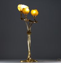 Louis MAJORELLE (1859-1926) ‘Magnolias’ Rare ormolu plant-shaped torch lamp with Daum Nancy glass wicks.