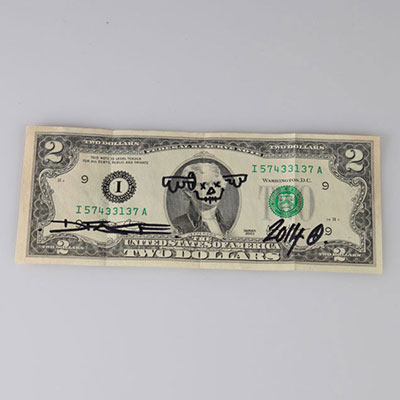 D * Face - 2 Dollar Bill, 2014 Black black on a US dollar bill. Hand signed by the artist