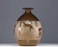 A large Art Deco vase with acid-etched decoration of archers and antelopes, signed Berlys circa 1925.