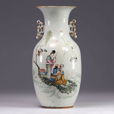 Famille Rose porcelain vase decorated with figures on a boat