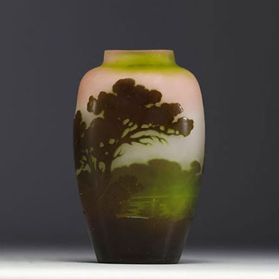 Émile GALLÉ (1846-1904) Acid-etched multi-layered glass vase with lake décor, signed.