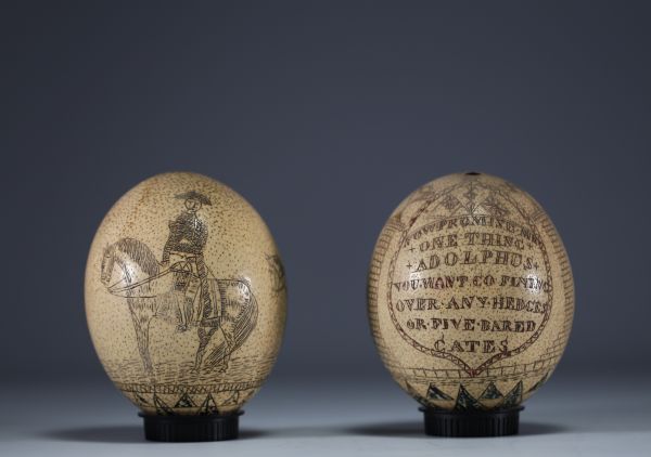 Rare pair of engraved ostrich eggs, British colonisation of the Americas, 18th-19th century.