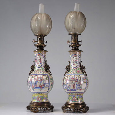 Imposing pair of 19th century Chinese famille rose porcelain lamps