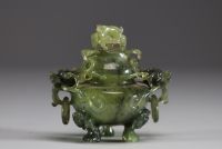 China - Jadeite incense burner, handles and lid decorated with dragons, 20th century.