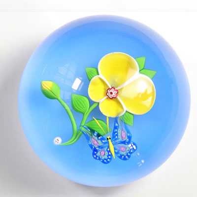 Baccarat paperweight blue butterfly on yellow flower dated in candy