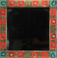 Square mirror in enameled ceramic and gilded brass, circa 1950-60.