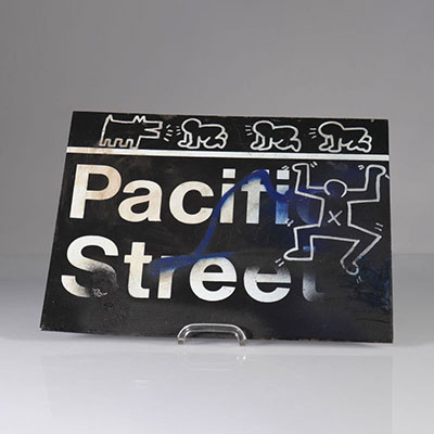 Keith Haring - Pacific Street Street sign enhanced with tags Provenance: New York subway station plaque enhanced by the artist.