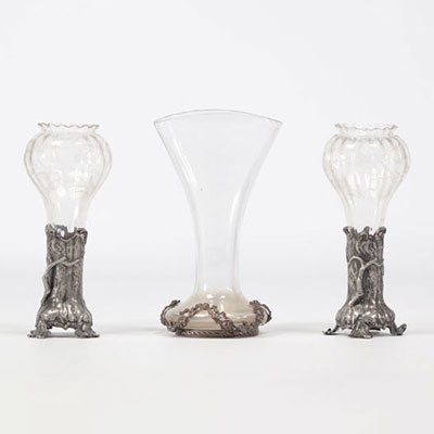 (3) Lot de trois vases tous ayant une partie en argent - Art Nouveau.