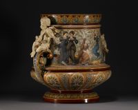 Villeroy & Boch Mettlach - Imposing and rare ceramic planter with figures on a mahogany saddle. Circa 1900.