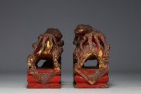 Chine - Paire de Chiens de Fô en pierre sculptée polychromée et dorée, époque XVIIIème.