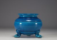 Pol CHAMBOST (1906-1983) Blue glazed ceramic tripod vase, signed underneath.