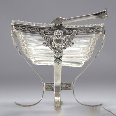 Bowl in sterling silver and crystal, feet adorned with angels, English hallmarks