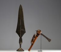 Africa - Set consisting of a steel blade knife with a studded handle and a hatchet with a carved wooden handle.