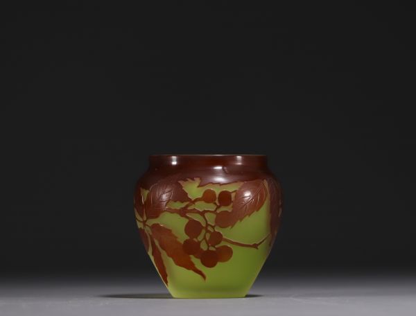 Émile GALLÉ (1846-1904) Vase en verre multicouche dégagé à l'acide au décor de baies, signé dans le décor.