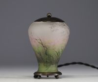 DAUM Nancy - Enamelled glass night-light decorated with a forest in the rain and wind, metal structure, signed in the decoration.