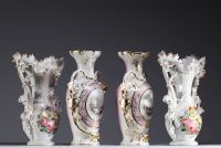 19th century Brussels porcelain vases and cones decorated with flowers.