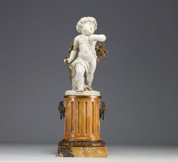 ‘Amour et son arc’ (Love and his bow) Sculpture in white biscuit and gilded bronze on a gilded marble column, patinated bronze base, 18th century.