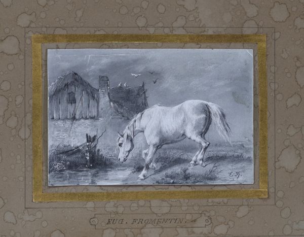 Eugène FROMENTIN (1820-1876) attr. to - ‘Cheval au bord de la rivière’ Black pencil drawing, shading and pen indentation on paper, initials E.F. for Eugène Fromentin.