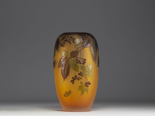 Émile GALLÉ (1846-1904) Vase soufflé en verre multicouche dégagé à l'acide à décor de vigne vierge, signé.