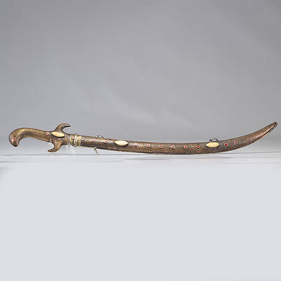 Ottoman sword in iron, brass and silver with various cabochons from the 19th century