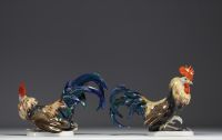 J. FELDTMANN for Rosenthal - Pair of roosters in polychrome porcelain, mid 20th century.
