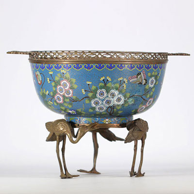 Coupe en bronze cloisonnée en bleu avec des pieds en bronze du XIXe siècle