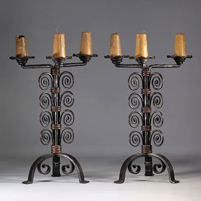 (2) Pair of large wrought iron candlesticks - Art Deco