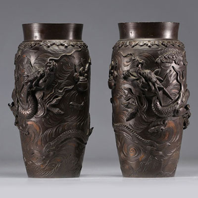 (2) Paire de vases Japonais en bronze foncé à décor de dragons de la période Meiji (明治時代 - 1868 - 1912)