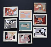 Modernist abstract geometric work, exceptional lot of 73 gouaches and 4 photographs. Work reminiscent of Victor Servranckx, Auguste Herbin and Jozef Peeters.
