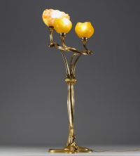 Louis MAJORELLE (1859-1926) ‘Magnolias’ Rare ormolu plant-shaped torch lamp with Daum Nancy glass wicks.