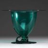 Murano - Vittorio ZECCHIN (1878-1947) Cappellin Venini & C - Coupe en verre soufflé teinté vert à anses en applique sur piédouche, vers 1930.