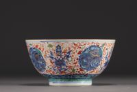 China - Large porcelain bowl decorated with lions in cartouche and flowers, Ming mark.