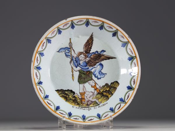 Nevers - Polychrome earthenware plate with patronymic design representing Saint Michel.