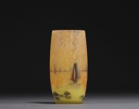 DAUM Nancy - Small shaded and enamelled glass vase with sailboats design, signed under the base.