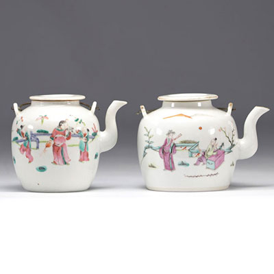 (2) Famille Rose porcelain teapots decorated with individuals