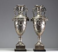 Imposing pair of Louis XVI chased and repoussé silver vases, hallmarks of Paris, 18th century.