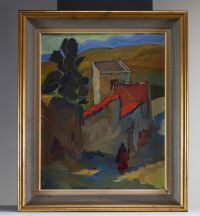 Arthur Maria RENER pseudonym of René PLOMTEUX (1912-1991) ‘View of a house’ Oil on cardboard.