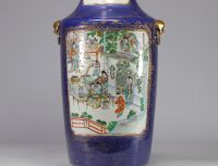 Large pair of blue powdered porcelain vases decorated with scenes of life from the 19th century