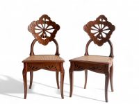 Émile GALLÉ (1846 - 1904) ‘Ombelles’ model Exceptional pair of solid walnut chairs, circa 1903-1904